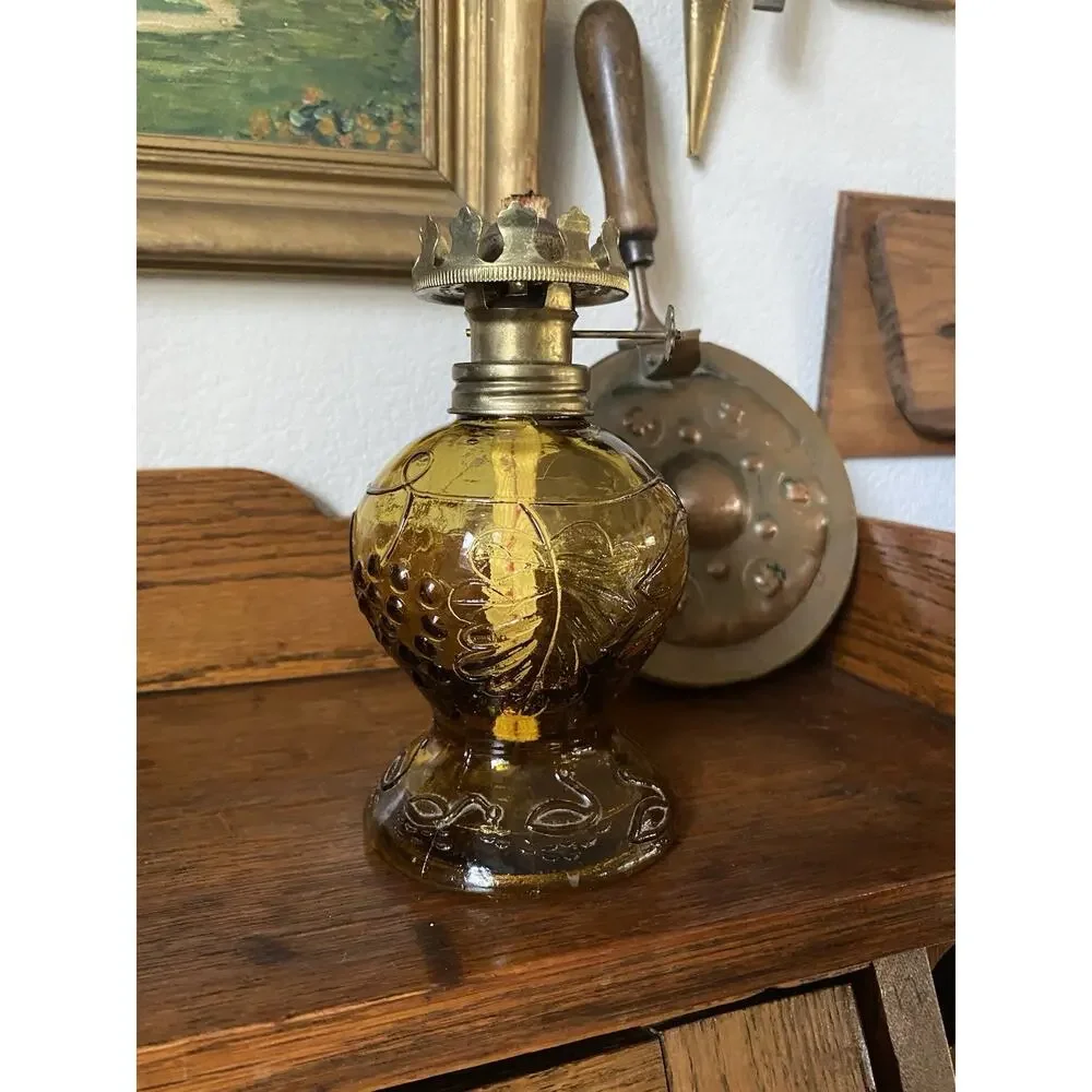 Vintage Amber Glass Oil Lamp Grapes And Leaves Embossed Glass With Wick